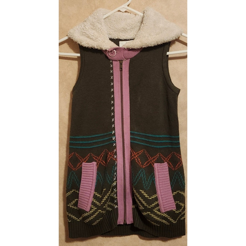 Matilda Jane 435 Girls Green Knit Full Zip Sweater Vest Faux Fur Collar Size 8
